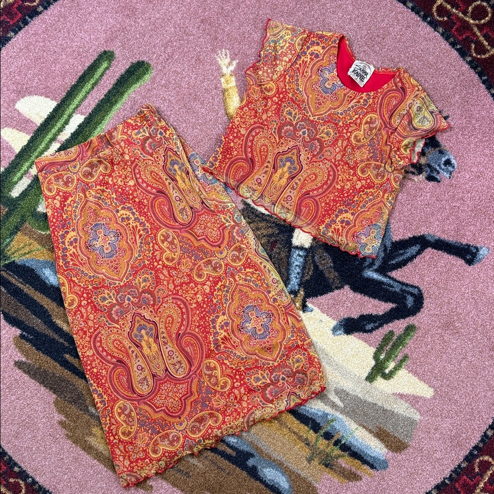 Vintage Red Paisley Midi Skirt Set